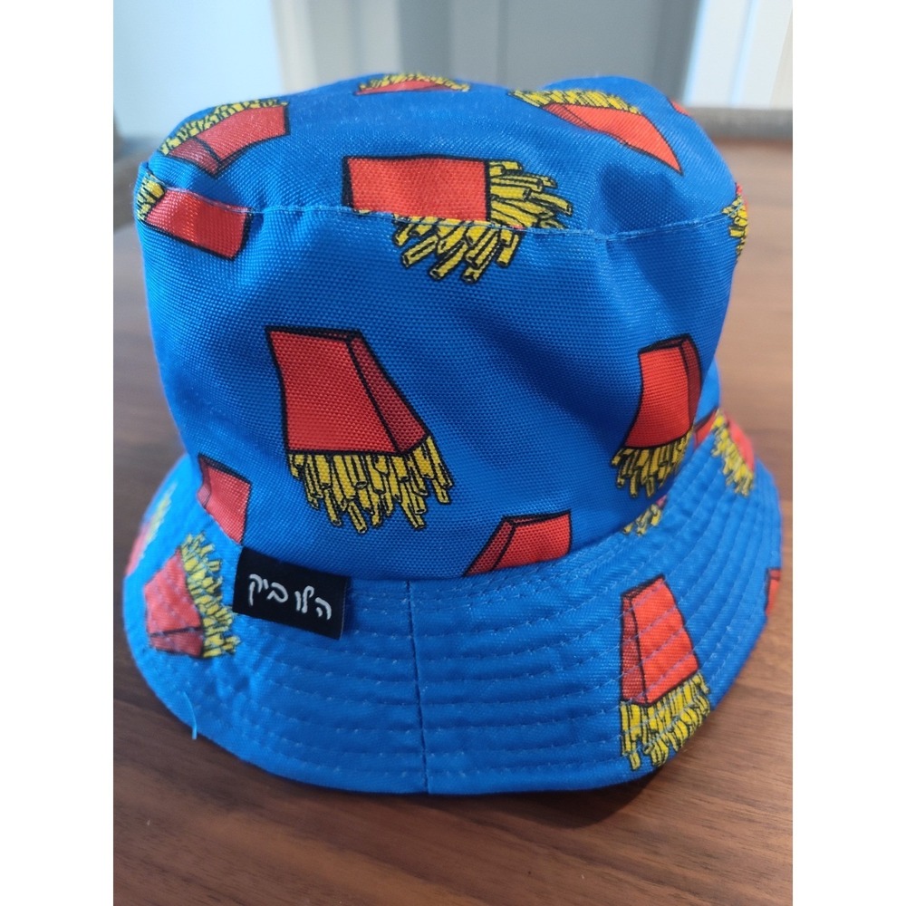 Blue French Fries Novelty Bucket Hat Hebrew Script Label Streetwear Sun Hat